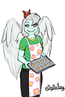 anthro apron black_bottomwear black_clothing black_pants bone_frill bottomwear breasts clothed clothed_anthro clothed_female clothing cookie feathered_wings feathers female fingers floral_print food frill_(anatomy) front_view green_clothing green_shirt green_topwear grey_body grey_feathers grey_hair hair humanoid_hands long_hair looking_at_viewer medium_breasts pants shirt simple_background smile solo standing text topwear white_background wings yellow_eyes bigboitony cavemanon_studios snoot_game samantha_(snoot_game) prehistoric_species pterosaur reptile scalie 2:3 absurd_res artist_name colored hi_res portrait three-quarter_portrait