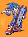 5_fingers anthro barcode blue_body blue_fur clothing eyewear fingers footwear fur gesture gloves green_eyes hand_gesture handwear holding_hoverboard holding_vehicle hoverboard male orange_background pointing qr_code quills_(anatomy) shoes side_mouth simple_background smile sneakers solo sunglasses blackboltlonewolf sega sonic_riders sonic_the_hedgehog_(series) sonic_the_hedgehog eulipotyphlan hedgehog mammal 2025 signature