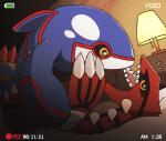 ambiguous_gender bed blush camera camera_view claws duo feral feral_on_feral furniture heart_symbol lamp lying on_back on_top open_mouth recording sharp_teeth teeth toe_claws tongue yellow_eyes waniharu nintendo pokemon generation_3_pokemon groudon kyogre legendary_pokemon pokemon_(species) 2014