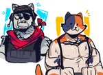 abs anthro armor blue_background bulletproof_vest clothing cross-popping_vein duo emanata eye_patch eyewear hat headgear headwear kerchief male mottled muscular muscular_anthro muscular_male neckerchief neckwear pecs piebald simple_background spots suspenders white_background yellow_background scraffyraccoon epic_games fortnite meowscles polar_patroller bear calico_cat domestic_cat felid feline felis mammal polar_bear ursine 2020 half-length_portrait hi_res portrait