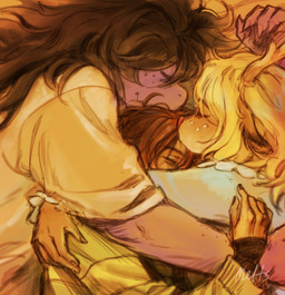 ambiguous_gender ambiguous_human anthro blonde_hair brown_body brown_fur brown_hair clothing colored_nails female freckled_face freckles fur group hair nails polyamory purple_body shirt sleeping topwear trio meltsmelts deltarune undertale_(series) kris_dreemurr noelle_holiday susie_(deltarune) deer human mammal new_world_deer reindeer scalie 2025 absurd_res hi_res nonbinary_(lore)