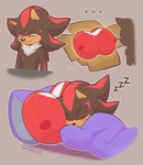 anthro bed_sheet bedding black_body black_fur blush eyes_closed fur gift hair holidays humor inflatable male pillow simple_background sleeping smile solo hotcocopon christmas sega sonic_the_hedgehog_(series) shadow_the_hedgehog eulipotyphlan hedgehog mammal absurd_res digital_media_(artwork) hi_res