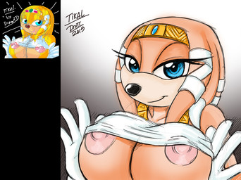 anthro areola blue_eyes breasts circlet clothed clothing comparison female flashing flashing_breasts gloves handwear jewelry looking_at_viewer necklace nipples orange_body raised_clothing raised_shirt raised_topwear shirt solo topwear under_boob drxii sega sonic_adventure sonic_the_hedgehog_(series) tikal_the_echidna echidna mammal monotreme short-beaked_echidna 2015