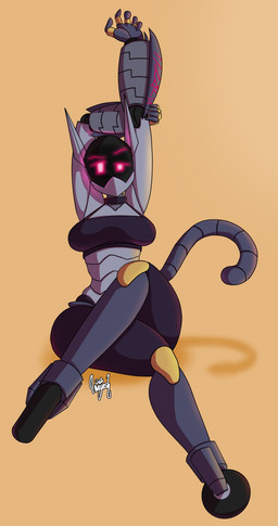 anthro bra breasts clothed clothing eyebrows female looking_at_viewer machine pink_eyes raised_eyebrow screen screen_face shadow solo stretching text thick_thighs underwear wheel wayesh merell_(d0munit) domestic_cat felid feline felis mammal robot 2020 absurd_res hi_res signature