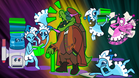 anthro blue_body book bubble cane clothing coat container cup elderly elderly_male eyes_closed eyewear female freaking_out glasses green_body green_scales group holding_object laugh male open_mouth overcoat pink_body reading scales scarf shell topwear turtle_shell water water_cooler demented-duskull deltarune undertale_(series) gerson_boom_(deltarune) elemental_creature mizzle_(deltarune) monster reptile scalie turtle water_creature 16:9 widescreen