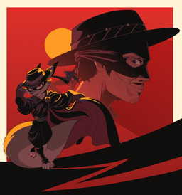 anthro black_clothing black_suit cape clothing duo female fur grey_body grey_fur hair handwear hat headgear headwear male mask simple_background smile suit tail juanp1arts dreamworks kung_fu_panda zhen_(kung_fu_panda) zorro_(character) canid canine corsac_fox fox human mammal true_fox absurd_res hi_res