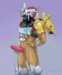 animal_genitalia anthro armor claws clothed clothing erection genital_slit genitals green_eyes hair headgear helmet horn looking_at_viewer male muscular muscular_male pantsless penis pink_penis pose red_hair simple_background solo standing pokegontc bandai_namco digimon digimon_(species) wargreymon wargreymon_x x-digimon 2022 absurd_res digital_media_(artwork) hi_res