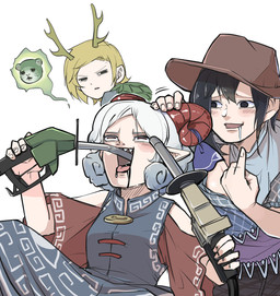 accessory ambiguous_gender antlers black_hair blonde_hair blue_clothing blue_dress bodily_fluids bovid_horn brown_clothing brown_hat brown_headwear caprine_horn clothing cowboy_hat disgust dress drinking drinking_gasoline drooling female furgonomics gas_nozzle gasoline gesture group hair hand_gesture hand_on_another's_head hat headgear headwear horn horn_accessory horn_ribbon humanoid_pointy_ears open_mouth pointing pointing_at_self pointy_ears red_horn ribbons saliva sharp_teeth shell simple_background teeth white_background white_hair peroponesosu mythology touhou otter_spirit_(touhou) saki_kurokoma yachie_kicchou yuuma_toutetsu animal_humanoid dragon dragon_humanoid eastern_dragon eastern_dragon_humanoid horned_humanoid humanoid mythological_creature mythological_scalie scalie spirit 2021 hi_res