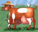 ambiguous_gender bodily_fluids duo female feral lactating teats text transformation udder_nursing udders veiny_udders young young_ambiguous young_feral splashtf bovid bovine cattle mammal absurd_res comic hi_res url