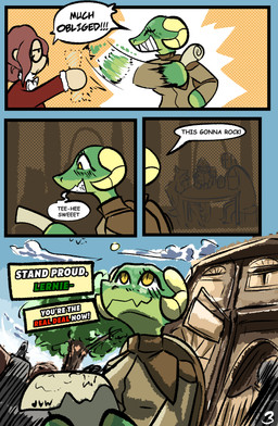 anthro dialogue eyewear female glasses green_body horn speech_bubble text wearing_glasses yellow_eyes brradett microsoft the_elder_scrolls lernie_(brradett) argonian human mammal scalie absurd_res comic english_text hi_res