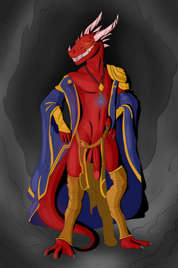 anthro balls claws clothing erection genitals horn humanoid_genitalia humanoid_penis jewelry male mostly_nude necklace penis presenting red_body red_scales robe scales simple_background smile smirk solo tail teeth genosladart divinity:_original_sin_2 divinity_(series) the_red_prince lizard lizard_(divinity) lizardman reptile scalie absurd_res colored digital_drawing_(artwork) digital_media_(artwork) hi_res shaded