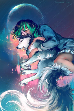 ambiguous_gender cuddling duo female feral fluffy green_hair hair hug realistic spooning text yuumei canid canine canis domestic_dog human husky mammal nordic_sled_dog spitz 2:3 artist_name detailed digital_media_(artwork) digital_painting_(artwork) hi_res painting_(artwork) shaded simple_shading