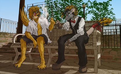4_toes 5_fingers anthro bandage barefoot bench biped black_body black_bottomwear black_claws black_clothing black_fur black_hair black_nose black_tail black_topwear blonde_hair bottomwear bow_(feature) bow_tie cheek_tuft claws clothed clothing collared_shirt dress_shirt drugs duo ear_piercing eye_contact eyebrows eyewear facial_hair facial_tuft feet fence fingerless_gloves fingers floppy_ears footwear fully_clothed fur fur_tuft glasses gloves goatee green_eyes grey_body grey_fur hair handwear holding_object light looking_at_another male marijuana multicolored_body multicolored_fur multicolored_hair multicolored_tail offering_to_another on_bench open_clothing open_mouth open_shirt open_smile open_topwear outside pants park pecs piercing pince-nez pink_tail plant pole shadow shirt shoes short_hair shorts sitting sky smile smoking snout spiky_hair spines stairs sunglasses tail tail_wraps toe_claws toes topwear tree tuft two_tone_hair vest whiskers white_clothing white_eyes white_topwear wraps yellow_body yellow_fur yellow_tail vaerjo matt_conner vaer_tabelige asiatic_brush-tailed_porcupine brush-tailed_porcupine canid canine canis domestic_dog mammal old_world_porcupine porcupine rodent 2016 digital_drawing_(artwork) digital_media_(artwork) full-length_portrait lighting portrait