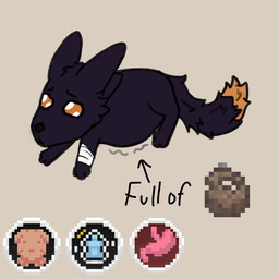 ambiguous_gender bandage bandaged_arm candy chocolate chocolate_milk dark_body dark_fur dessert dipstick_tail feral flavored_milk food fur furrowed_eyebrows markings milk orange_eyes orange_tail_tip solo stomach_ache tail tail_markings dukeman_(artist) casualties:_unknown full_of_milk/soup_(meme) expie_(gunsawian) gunsawian 1:1