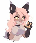 anthro brown_body brown_fur collar female fur gesture hair hand_gesture nude pink_hair solo v_sign yellow_eyes third-party_edit typh typhslut canid canine mammal 5:6 hi_res