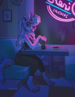 4_toes accessory anthro ashtray barefoot bedroom_eyes beverage biped bottle bottomwear breasts cigarette cigarette_smoke claws closed_smile clothed clothing container cute_fangs detailed_background diner eyebrows facial_markings fangs feet female finger_claws floppy_ears fully_clothed fur glistening glistening_eyes hair hair_accessory head_markings holding_bottle holding_container holding_object inside light lit_cigarette looking_at_viewer markings mouth_closed multicolored_body multicolored_fur narrowed_eyes neon_lights night pants restaurant ring_(jewelry) seductive sitting smile smiling_at_viewer smoke solo spots teeth text toes topwear tube_top yoga_pants floatingliights coca-cola canid canine canis domestic_dog mammal 2018 dated digital_media_(artwork) english_text hi_res lighting purple_theme signature