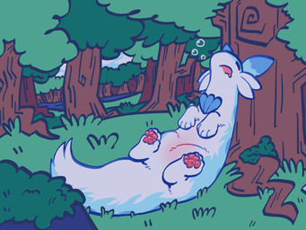 ambiguous_gender belly bodily_fluids drooling feral forest outside pawpads plant saliva sleeping solo tree youtubepoopbirthday palworld pocketpair chillet pal_(species) 4:3 hi_res