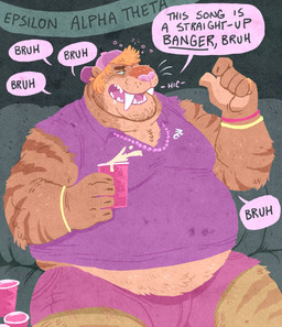 alcohol anthro beer belly beverage big_belly clothed clothing dialogue drunk holding_object jewelry male midriff necklace overweight overweight_anthro overweight_male party solo speech_bubble substance_intoxication text wristband dramamine felid mammal prehistoric_species saber-toothed_tiger english_text hi_res