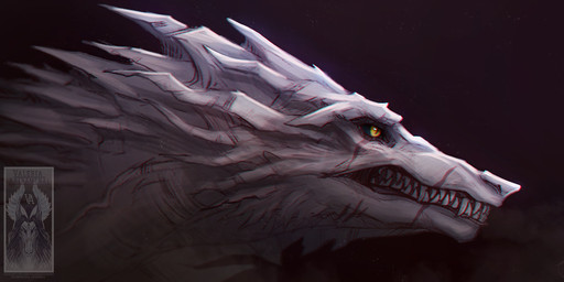 bared_teeth dark facial_scar feral logo nude pupils scar side_view slit_pupils solo spikes spikes_(anatomy) spines teeth white_body yellow_eyes morsylvia mythology dragon mythological_creature mythological_scalie scalie artist_logo digital_media_(artwork) headshot_portrait portrait restricted_palette signature