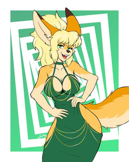 anthro blonde_hair breasts clothing dress ears_up eyebrows eyelashes female fur green_eyes hair looking_at_viewer open_mouth solo tail teeth teeth_showing tongue yellow_body yellow_fur chisheq nadia_(chisheq) 4:5 hi_res