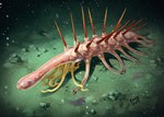 ambiguous_gender feral multi_leg multi_limb pink_body solo spikes spikes_(anatomy) spines tentacles underwater water kaek hallucigenia lobopod marine worm xenusiid 2015 digital_drawing_(artwork) digital_media_(artwork)