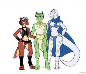 anklet anthro belt bottomwear breasts choker cloak clothed clothing digitigrade disability eye_patch eyewear eyewear_on_head female goggles goggles_on_head gold_(metal) gold_anklet gold_jewelry green_body green_scales group horn jewelry leg_wraps loincloth looking_at_viewer navel necklace red_body red_scales scales scar shirt simple_background skimpy smile tail tan_body topwear trio white_body wraps scribefang ember_(scribefang) jade_(scribefang) opal_(scribefang) kobold reptile scalie digital_media_(artwork) hi_res