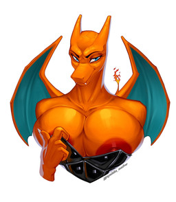 anthro areola areola_slip back_wings big_breasts blue_eyes blue_membrane breasts bunny_costume clothing costume fangs female fingers fire flaming_tail glistening glistening_breasts hand_on_breast horn huge_breasts looking_at_viewer membrane_(anatomy) membranous_wings mostly_nude nipple_outline nipple_slip nipples non-mammal_breasts non-mammal_nipples orange_body orange_scales scales simple_background smile smiling_at_viewer tail teeth text wings gnida_nsfw mythology nintendo pokemon charizard dragon generation_1_pokemon mythological_creature mythological_scalie pokemon_(species) scalie absurd_res digital_media_(artwork) half-length_portrait hi_res portrait