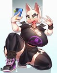 anthro big_breasts boots bottomwear breasts cellphone cleavage clothed clothing electronics female footwear green_eyes holding_cellphone holding_object holding_phone holding_smartphone huge_breasts legwear phone piercing selfie shoes skirt smartphone solo thick_thighs thigh_highs tongue tongue_out tongue_piercing bunnemilk sega sonic_the_hedgehog_(series) rouge_the_bat bat mammal digital_media_(artwork) hi_res