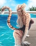 5_fingers anthro backless_clothing backless_swimsuit big_breasts blonde_hair breasts butt clothed clothing day depth_of_field detailed_background eyelashes fangs female fingers fur hair half-closed_eyes humanoid_hands inner_ear_fluff leaning leaning_forward leucistic long_hair looking_at_viewer narrowed_eyes one-piece_swimsuit open-back_swimsuit outside raised_tail sabertooth_(anatomy) smile solo standing striped_body striped_fur stripes swimming_pool swimwear tail teeth tuft water wet yasmil smurple_(grumbbuck) felid hybrid mammal pantherine prehistoric_species saber-toothed_tiger tiger 2019 hi_res