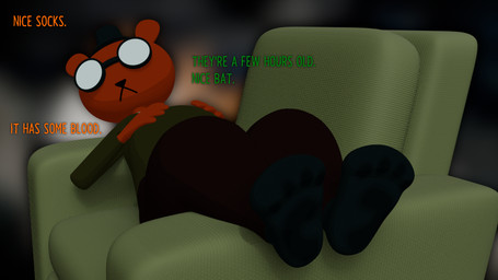 anthro armchair bodily_fluids chair clothing dialogue eyewear feet footwear furniture glasses male offscreen_character paws resting resting_on_armchair socks solo sweat sweaty_clothing sweaty_footwear sweaty_socks text colonthreeguy night_in_the_woods angus_delaney mae_borowski bear mammal 16:9 3d_(artwork) digital_media_(artwork) english_text hi_res widescreen