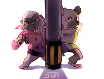 anthro binoculars bodily_fluids duo female male pole simple_background sweat white_background suizilla aggretsuko sanrio director_gori haida_(aggretsuko) ape gorilla haplorhine hyena mammal primate spotted_hyena 2020 absurd_res digital_media_(artwork) hi_res shaded