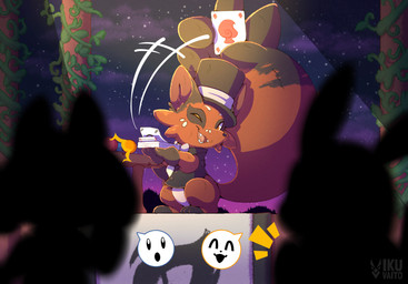 ambiguous_gender black_body black_fur bottomless card clothed clothing dialogue emoticon featureless_crotch feral fur group magic_trick magician magician_hat male night one_eye_closed open_mouth orange_body orange_fur plant prehensile_tail silhouetted_body solo speech_bubble spotlight spotlight_beam stage star tail topwear trio vest vines wink ikuvaito nintendo pokemon canid canine generation_1_pokemon generation_4_pokemon generation_8_pokemon mammal nickit pikachu pokemon_(species) riolu rodent hi_res