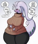 antennae_(anatomy) anthro big_breasts black_bottomwear black_clothing black_pants blush bottomwear breasts clothed clothing curvy_figure dialogue female green_eyes huge_breasts huge_thighs looking_at_viewer orange_clothing orange_sweater orange_topwear pants purple_body solo speech_bubble sweater text thick_thighs topwear voluptuous wide_hips saltyxodium nintendo pokemon generation_6_pokemon goodra pokemon_(species) 2023 english_text hi_res