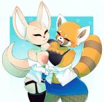 :3 anthro big_breasts blush bottomwear breast_squish breasts breasts_frottage clothed clothing duo eyes_closed female female/female fishnet_clothing fishnet_legwear fur legwear nipples open_mouth pencil_skirt simple_background skirt squish topless peng aggretsuko sanrio fenneko retsuko ailurid canid canine fennec_fox fox mammal red_panda true_fox 2019 hi_res