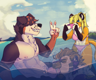 anthro bangs beach bikini black_markings black_nose black_sclera blonde_hair blue_eyes blue_sky bodily_fluids bottomwear bottomwear_down brown_body brown_fur brown_hair bubble cellphone cheek_tuft clothed clothing cloud day detailed_background ear_piercing ear_ring electronics erection eyebrows eyes_closed facial_tuft fangs female floppy_ears folded_ears fully_submerged fur genitals gesture group hair hair_over_eyes hand_gesture holding_cellphone holding_object holding_phone holding_smartphone humanoid_hands knot male male/male markings muscular muscular_anthro muscular_male nipple_piercing nipples nude orange_body orange_fur outside partially_submerged pawpads pecs penis phone piercing pink_bikini pink_clothing pink_nipples pink_pawpads pink_penis pink_swimwear ponytail ring_piercing sabertooth_(anatomy) sand seaside sex sharp_teeth sky smartphone smile snout sweat sweatdrop swimwear tail taking_picture teeth trio tuft two-piece_swimsuit v_sign water white_body white_fur white_inner_ear spiceystardog pj_(pjdasandwich) roxy_(fluffyaussie) virgil_(youraveragefurryartist) canid canine canis domestic_dog felid feline mammal prehistoric_species saber-toothed_tiger 2023 digital_drawing_(artwork) digital_media_(artwork) shaded signature soft_shading