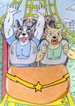 5_fingers amusement_park amusement_ride anthro black_nose blue_clothing blue_shirt blue_topwear bodily_fluids brown_body brown_eyes brown_fur city clothed clothing day detailed_background fingers fur green_clothing green_shirt green_topwear joyful male multicolored_body multicolored_fur open_mouth outside raised_arms roller_coaster scared scared_expression scared_face shirt sweat sweatdrop tongue tongue_out topwear uvula white_body white_fur yellow_body yellow_fur dashthefox bird_dog canid canine canis domestic_dog domestic_pig golden_retriever hunting_dog mammal molosser mountain_dog retriever saint_bernard suid suine sus_(pig) 2024 absurd_res detailed hi_res traditional_media_(artwork)