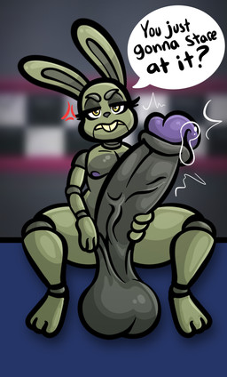 angry annoyed anthro balls big_balls big_penis bodily_fluids dialogue erection eyelashes genital_fluids genitals glans huge_balls huge_penis hyper hyper_balls hyper_genitalia male nipples nude penis precum presenting solo text throbbing throbbing_penis vein yellow_eyes taillove five_nights_at_freddy's five_nights_at_freddy's_4 scottgames plushtrap_(fnaf) lagomorph leporid mammal rabbit english_text hi_res