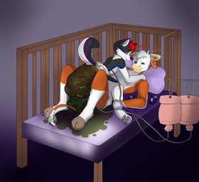 2_toes 3_toes ageplay all_fours anthro anthro_on_anthro barefoot bedwetting bodily_fluids clothed clothing crib diaper diaper_blowout digitigrade duo enema_bag feces feces_blowout feet genital_fluids humanoid_hands infantilism inside leaking_diaper lying male male/male on_back pacifier pooping roleplay scatplay smearing soiled_diaper soiling soiling_diaper sound_effects toes topless unclean_diaper urine used_diaper wearing_diaper wetting operationfluff bovid bovine cattle mammal species_request character_request hi_res