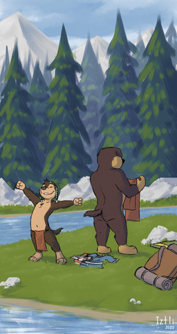 anthro backpack barefoot black_nose bottomwear butt casual_nudity clothed clothing discarded_clothing duo eyes_closed feet forest hat headgear headwear loincloth male mountain nature navel nude outside plant river sherpa_hat shirt shota smile stretching topless topless_male topwear tree tunic undressing young young_anthro young_male iztli rock_dog bodi_(rock_dog) khampa_(rock_dog) canid canine canis domestic_dog livestock_guardian_dog mammal molosser mountain_dog pastoral_dog tibetan_mountain_dog 2020 comic digital_media_(artwork) hi_res shaded signature father_(lore) father_and_child_(lore) father_and_son_(lore) parent_(lore) parent_and_child_(lore) parent_and_son_(lore) son_(lore)