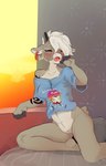 anthro bottomless clothed clothing ear_piercing female fur genitals piercing pussy red_eyes shirt sitting solo t-shirt tattoo tired topwear white_body white_fur drafthoof vasira bovid caprine goat mammal absurd_res hi_res