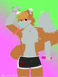 anthro bottomwear clothed clothing fur hotpants male neon neon_lights shorts simple_background solo text neyonrenard bad_dragon jolly canid canine fox mammal 3:4 absurd_res digital_media_(artwork) english_text hi_res signature