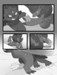 anthro black_and_white blizzard_(weather) canid canine claws comic dialogue duo fight generation_4_pokemon generation_5_pokemon greyscale hi_res male mammal monochrome nintendo outside pokemon pokemon_(species) snow tderek99 text weavile winter zoroark