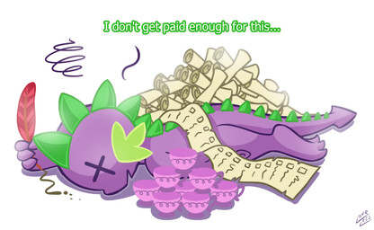 anthro container cup dialogue exhausted loose_feather lying male quill scroll solo tail tea_cup text tired vavacung friendship_is_magic hasbro my_little_pony mythology spike_(mlp) dragon mythological_creature mythological_scalie scalie 2017 english_text