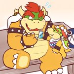 1:1 2020 anthro armband belly beverage_can blush bowser bowser_jr. bracelet chain_chomp collar cute_fangs drinking_straw father_(lore) father_and_child_(lore) father_and_son_(lore) group hair hi_res horn humanoid_hands jewelry kemono koopa lates male mario_bros multicolored_body nintendo one_eye_closed overweight overweight_male parent_(lore) parent_and_child_(lore) parent_and_son_(lore) red_hair scalie shell sitting son_(lore) spiked_armband spiked_bracelet spiked_collar spiked_shell spikes spikes_(anatomy) trio wink