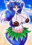 accessory anthro beach big_breasts blue_body blue_fur blue_hair blush bodily_fluids bouncing_breasts breast_jiggle breast_squish breasts coconut coconut_bra curvy_anthro curvy_female curvy_figure detailed_background drupe_(fruit) eyelashes eyeliner eyeshadow female flower flower_in_hair fluffy fluffy_tail food fruit fur grass_skirt hair hair_accessory hands_behind_head hourglass_figure hourglass_figured_anthro hourglass_figured_female huge_breasts hula jiggling looking_at_viewer makeup motion_lines multicolored_body multicolored_fur navel one_eye_closed outside plant sea seaside small_waist smile solo squish sweat tail teal_eyes teeth thick_thighs two_tone_body two_tone_fur voluptuous water white_body white_fur wide_hipped_anthro wide_hipped_female wide_hips wink winking_at_viewer drawsfigures nintendo star_fox krystal_(star_fox) canid canine fox mammal 2022 digital_drawing_(artwork) digital_media_(artwork) hi_res