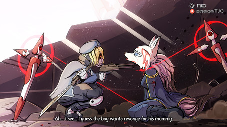 anthro beret blonde_hair blood blue_eyes bodily_fluids boots bullet_hole cape clothing dialogue duo footwear fur gun hair hat headgear headwear kneeling mask melee_weapon military ranged_weapon shoes sword technology text uniform violence weapon white_body white_fur ttux3 the_hub minh_(ttux3) ohma_(ttux3) human humanoid mammal 16:9 english_text story story_in_description url widescreen