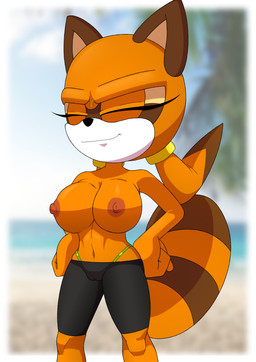 anthro beach bottomwear brown_body brown_nipples clothed clothing eyes_closed female fur genitals grin hands_on_hips navel nipples palm_tree plant sea shorts smile solo spandex spandex_shorts tail thong tight_bottomwear tight_clothing tight_shorts topless topless_female tree underwear vulva water white_body white_fur thecakeee sega sonic_the_hedgehog_(series) marine_the_raccoon mammal procyonid raccoon absurd_res hi_res