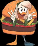 burger burger_costume clothed clothing costume double_v_sign female food food_costume gesture hand_gesture looking_at_viewer prosthetic prosthetic_leg prosthetic_limb solo standing v_sign fanzeem disney ducktales ducktales_(2017) della_duck anatid anseriform avian bird duck alpha_channel