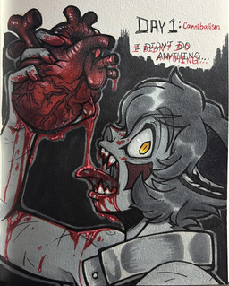 black_text blood blood_on_arm blood_on_face blood_on_hand blood_on_teeth blood_on_tongue bodily_fluids cheek_markings collar count day_count dishonesty ears_down eyebrow_through_hair eyebrows facial_markings gore hair head_markings heart_(organ) holding_heart_(organ) holding_organ inner_ear_fluff looking_at_viewer male markings organs pivoted_ears red_text sharp_teeth side_view solo teeth text translucent translucent_hair tuft vein yellow_eyes toxicsoul77 boyfriend_to_death goretober ren_hana animal_humanoid canid canid_humanoid canine canine_humanoid fox fox_humanoid humanoid mammal mammal_humanoid 2024 english_description english_text hi_res restricted_palette traditional_media_(artwork)
