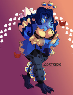 anthro beak biped blue_body blue_eyes breasts cleavage clothed clothing curvy_figure fluffy gynomorph hair hair_over_eye intersex legwear lingerie mane multicolored_body pink_body simple_background solo standing tan_body translucent translucent_clothing two_tone_body wide_hips zortrex avian absurd_res hi_res